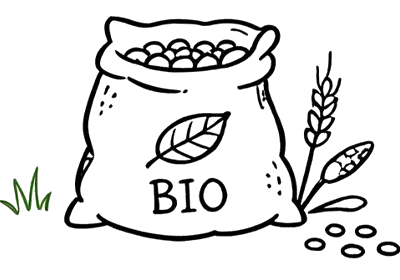 Illustration eines Bio-Futtersacks mit Getreidepflanze – Bio-Qualität von A bis Z aus eigenem Anbau