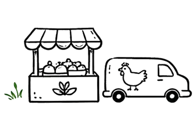 Illustration eines Marktstands mit Lieferwagen – Stärkung lokaler Bauern und Betriebe in der Region